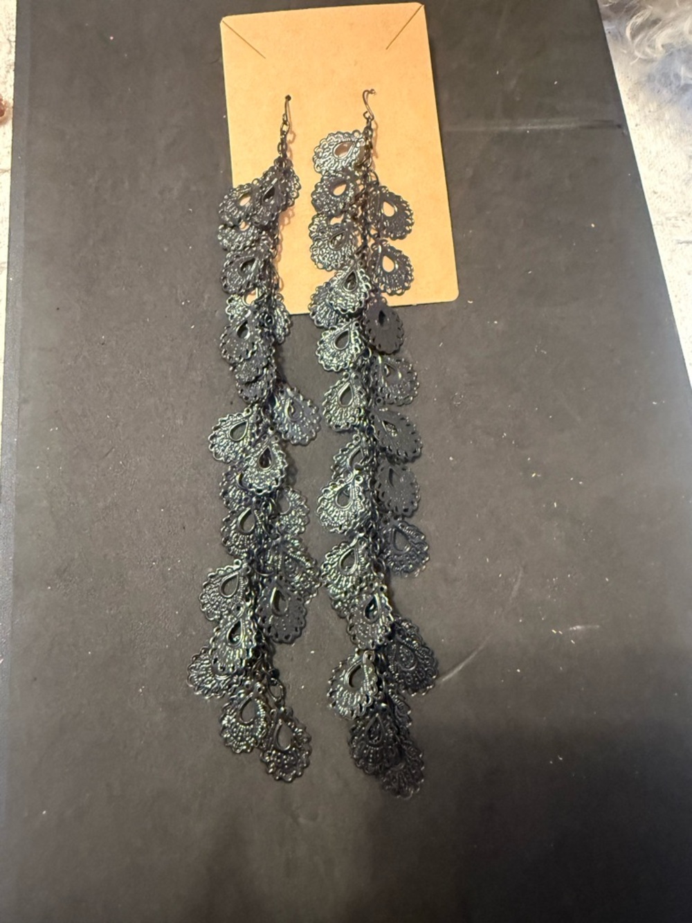 Long Filigree Teardrop Chain Dangle Earrings - Black